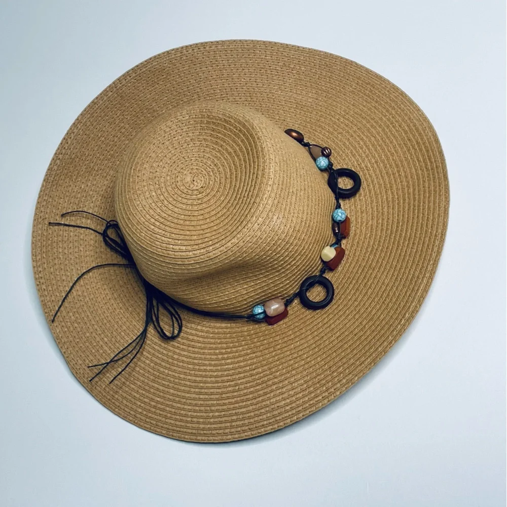 Royal Resortwear woven beaded turquoise and wood leather lace Sun hat for Sumner